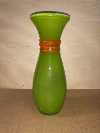 Marc Aurel German Echtkristall Art Glass Lime Green Orange Swirl Vase 8 " Tall
