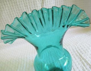 Vtg Mid Century Blenko Blown Art Glass Sea Green Vase Crimped Ruffle Top Aqua