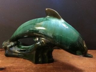 Large Blue Mountain Pottery Dolphin Green Black Glaze 13 " Long Cond.