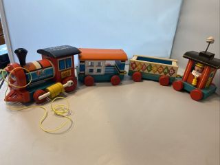 Vintage 1963 Fisher Price 999 Huffy Puffy Train,  3 Cars Pull Along Wood Wooden
