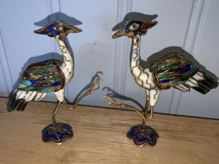 2 Small Vintage Chinese Cloisonné Birds Hand Painted Enamel & Brass Figurine