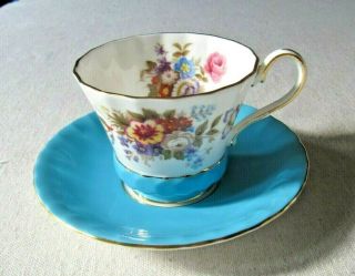Aynsley Floral Blue & Gold Trim Teacup & Saucer Unusual Shape England Bone China