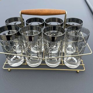 Vintage Mid Century Modern Set Of 8 Kimiko Drinking Glasses W/carrier Rack