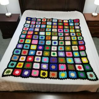 Vintage Handmade Afghan Throw Crochet Wool Granny Squares Black Multi 61 " X 51 "