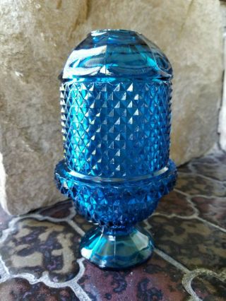 Vtg Viking Glass Blue Diamond Point Glimmer Fairy Candle Lamp Tea Light Holder