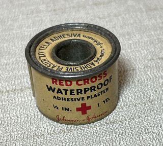 Vintage Red Cross Waterproof Adhesive Plaster - Very Tiny 1 " Tin W/ Some Product