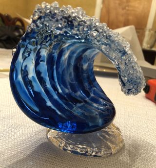 Studio Art Glass Ocean Crashing Wave Sculpture - Signed - Chuck Walters - Blue
