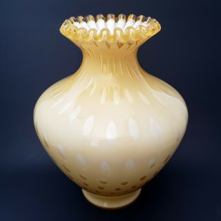 Large Fenton Glass Honey Amber Bubble Optic Vase 11 " Crimped Crest Rim Vintage