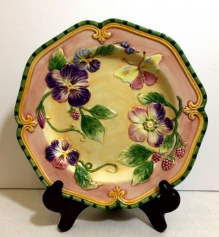 Fitz & Floyd Halcyon 9 " Plate Floral 3d Raspberry Pansy Butterfly Not Perfect