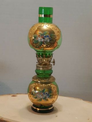 Oil Lamp Murano Or Bohemian Czech Glass Hand Painted Emerald Green/gold Floral