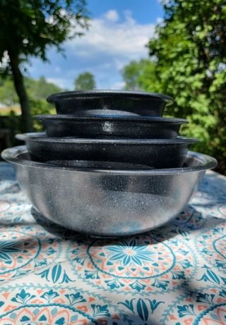 Set Of 4 Pyrex Speckled Granite Gray Nesting Bowls 322,  323,  325,  326