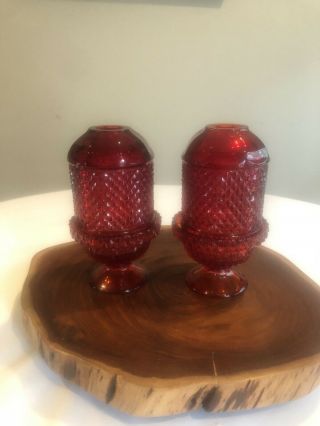 2 Vtg Viking Fairy Lamps Ruby Red Amberina Diamond Point Glass Candle Holders