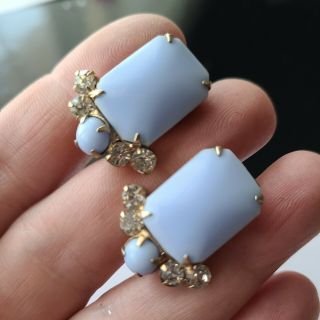 Vintage Gold Tone Blue White Glass Rhinestones Earrings Clip On 1 " T