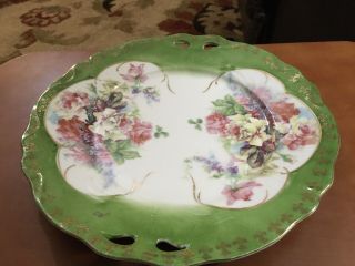 Vintage Hand Painted Floral Porcelain Cake Plate W/ Gold Edge 10 1/8 " Gold Mark