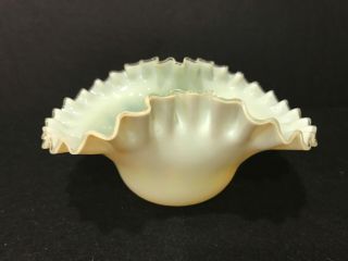 Victorian English Vaseline Opalescent Art Glass Bowl With Crimped Top