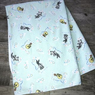 Vintage Baby Looney Tunes Receiving Blanket Flannel Bugs Tweety Stars Gingham