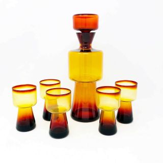 Vintage Mid - Century Modern Blenko Style Glass Decanter With Five Glasses