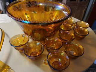 Vintage Amber Indiana Carnival Glass Punch Bowl Set 12 Cups & Ladle