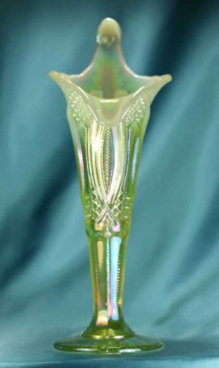 Vaseline Opalescent Carnival Glass Jack In The Pulpit Vase Diamond Mosser Rare