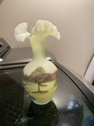 Fenton Old Grist Mill Satin Vase Signed By Artist J Brown