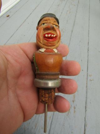 Vintage Hand Carved Man Figural Wooden Bottle Stopper Toothy Deranged Smile