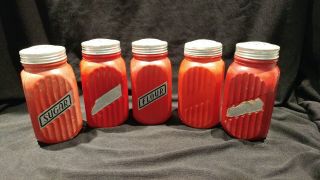 5 Vintage Anchor Hocking Ribbed Fired On Red Range Shakers