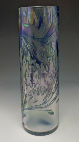 C1985 Brian Maytum Iridescent Art Glass 9.  5 " Cylinder Vase Swirled Aurene Effect