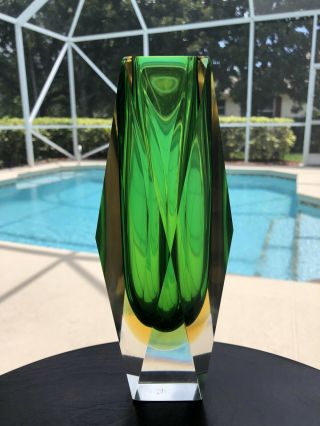 Italy Murano Sommerso Faceted Glass Vase Green,  Yellow & Clear 8.  5” Tall