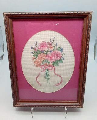 Vintage 70s Yarn Needlepoint Embroidery Retro Framed Wall Art Flower Vase Floral