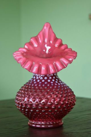 9” Fenton Cranberry Hobnail Jack In The Pulpit Vase