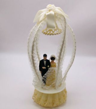 Vintage Wedding Cake Topper Bride Groom Lace Frosted White Sugar Plastic Bell