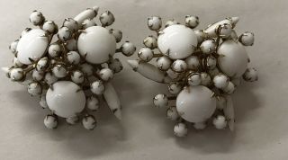 Vintage White Milk Glass Round Cut Prong Set Stones Gold Tone Clip Earrings