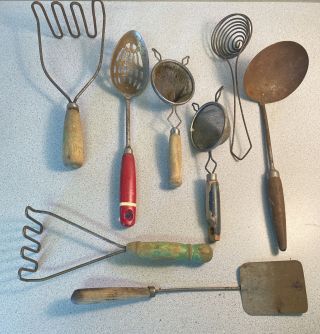 Vintage Group Kitchen Tools Utensils Potato Masher Wooden Handles Tea Egg Spoon