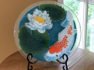 Peggy Karr Fused Art Glass Plate Koi Fish & Water Lily Pads Signed 11.  25” Teal