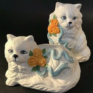 Persian Cat Figurines Set Of 2 Porcelain Bisque Yellow Roses Vintage White