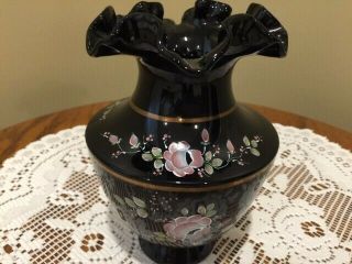 Rare - Vintage Fenton Black Vase W/hand Painted Roses Signed