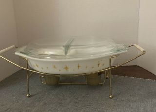 Pyrex Promotional Constellation Divided Dish With Lid And Cradle.
