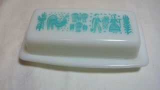 Vintage Pyrex Amish Butterprint Turquoise On White Butter Dish & Lid Good