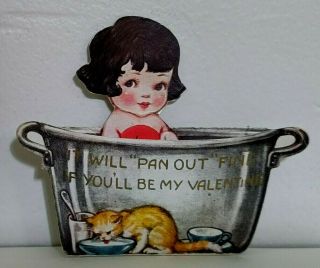 Vintage Valentine Card,  Little Girl In Tub With Kitten Cat Drinking Milk
