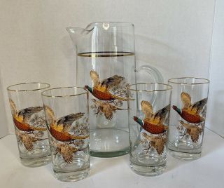 Vintage West Virginia Glass Pheasant In Flight Glasses & Pitcher Gold Rim Set