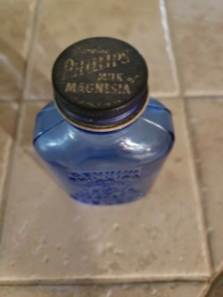 Vintage Cobalt Blue Glass Phillips Milk of Magnesia Medicine Bottle - 5” 3