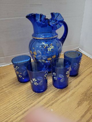 Fenton Blue Glass Ruffled Pitcher & 4 Tumblers Set Hand Painted 3.  75 In Tall
