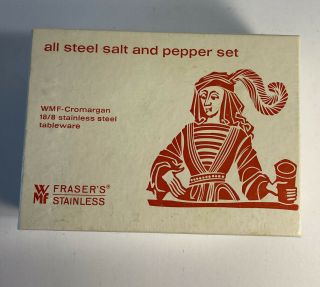 Vintage Mid - Century Steel Salt Pepper Set Germany Wmf Cromargan Fraser’s