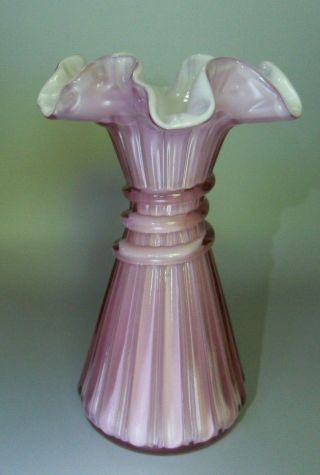 Vintage Fenton Pink Rose Cased Glass Wheat Vase Ruffled Edge W/ Ribbon Swirl