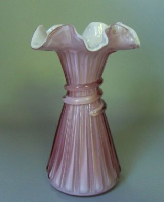 Vintage Fenton Pink Rose Cased Glass Wheat Vase Ruffled Edge w/ Ribbon Swirl 2