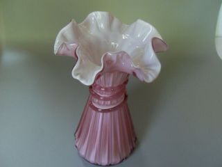 Vintage Fenton Pink Rose Cased Glass Wheat Vase Ruffled Edge w/ Ribbon Swirl 3