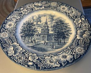 Liberty Blue Plate Independence Hall Made In England 9 3/4” Blue And White
