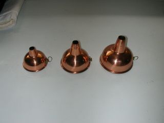 Vintage 3 Nesting Tin Lined Small Copper Funnels