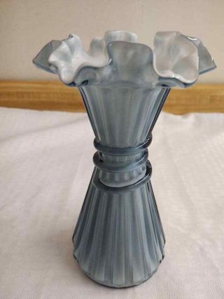Fenton Wheat Vase,  Blue Cased Ruffled,  White Inside.