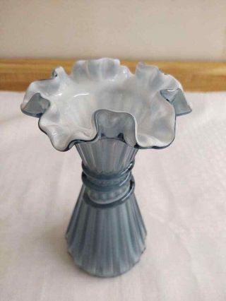 Fenton Wheat vase,  blue cased ruffled,  white inside. 2